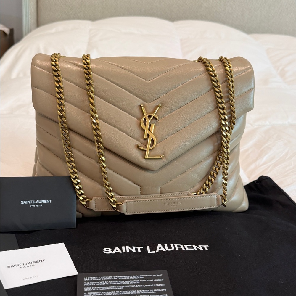 Saint Laurent YSL Beige Shoulder Bag with Gold Hardware